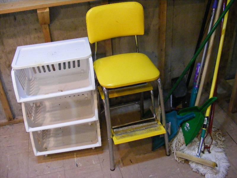 Rolling Plastic Organizer, Yellow Stool, Floor Care, Curtain Rods