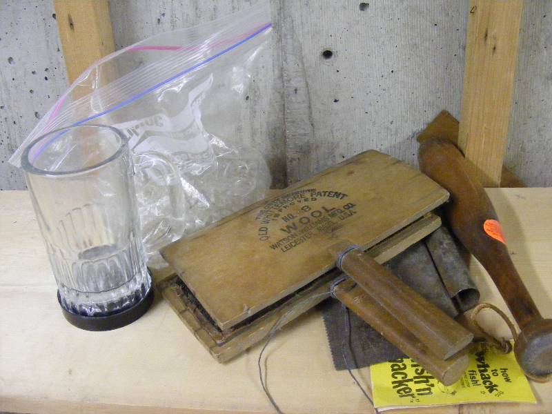 Vintage Wool Carders, Vintage Scraper, Fish-Whacker, Shot Glass Size Mini Mugs
