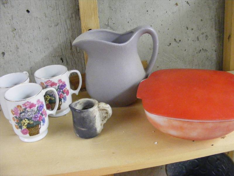 3 Flowered Cups, 2 Stoneware Pitchers, Red Pyrex Casserole with Lid