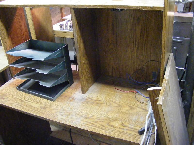 Wood Desk with Attached Surge Protectors and LetterPaper Organizer