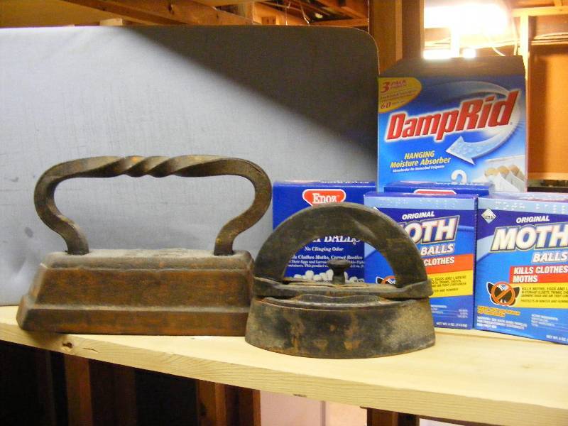 Sad Irons, Moth Balls, Table Top Ironing Board