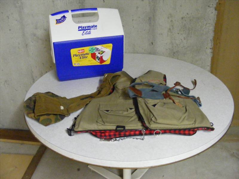 Bouyant Fishing Vest, Camo Hat and Belt, Suspenders