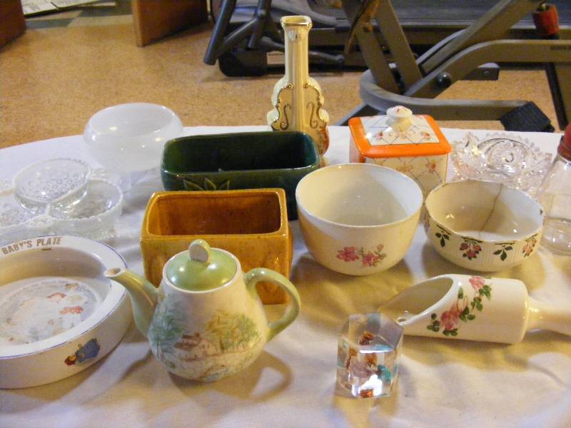 Assortment of Glassware including Vintage Baby Plate and Haeger Oblong BowlVase