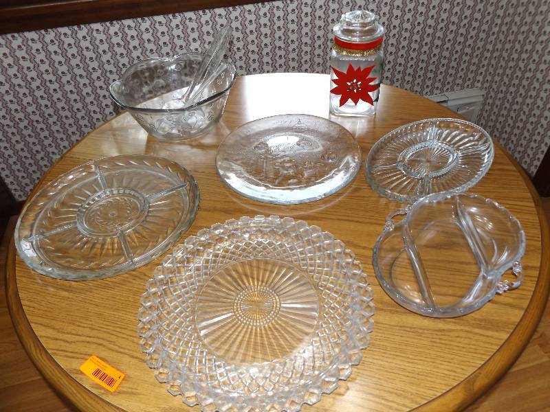 Crystal platters, punch bowl, canister.
