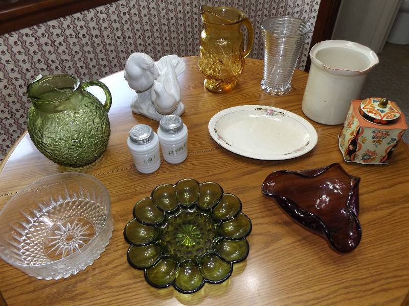 Green & yellow (Anchor Hocking) pitchers, crystal bowl, milkglass S&P, misc glassware, Rileys Toffee tin.