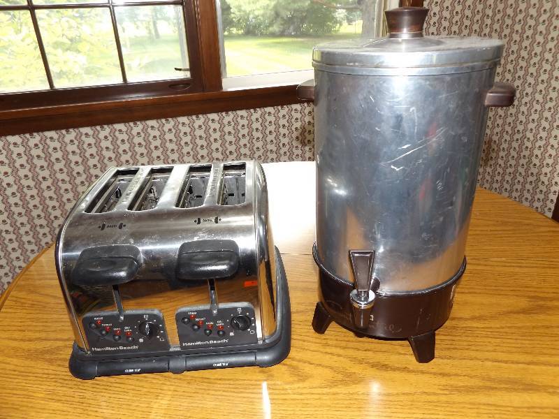 West Bend coffee pot, Hamilton Beach 4 slice bagel toaster.