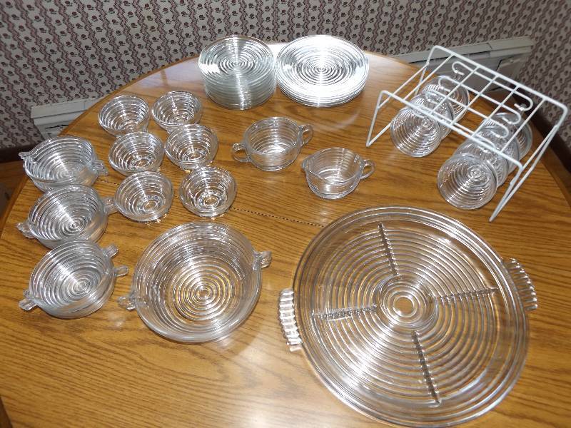 Depression Era dish set includes 1 tray, 1 lg bowl, 6 sm bowls, 6 dessert bowls, cream and sugar, 10 sm plates, 6 lg plates, 7 coffee cups.