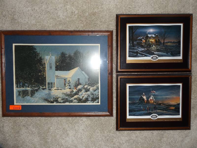 Church picture, 2 Terry Redlin pictures.