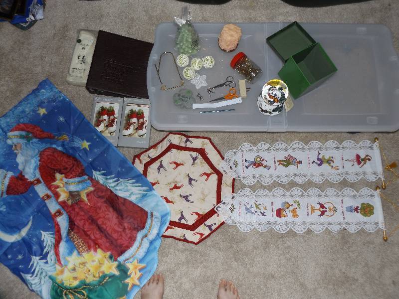 Underbed storage tote with misc & Christmas items, snow globe.