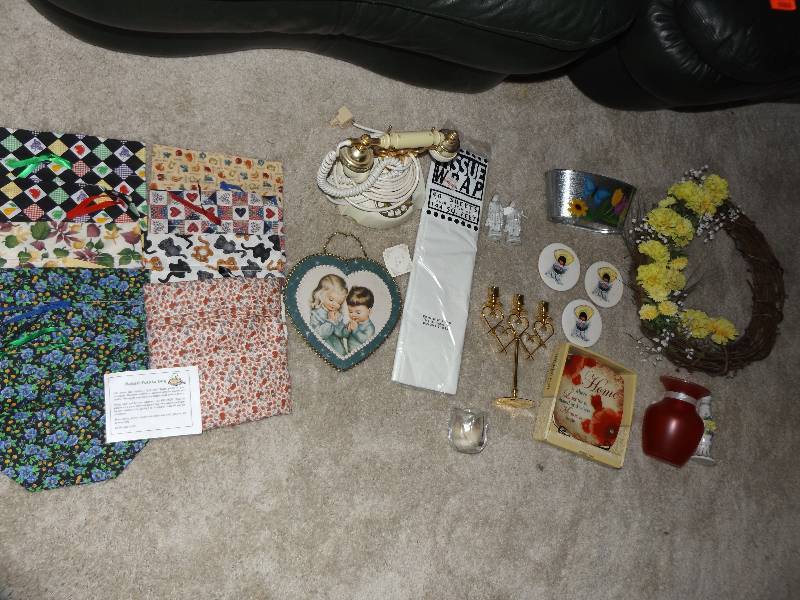 Reproduction Cradle Phone, wall decorations, vases, figurines, potato bags.