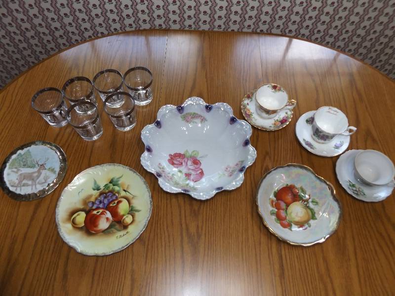 Set of 6 silver rim �M� glasses, 3 teacups with saucers, 4 misc China pieces.