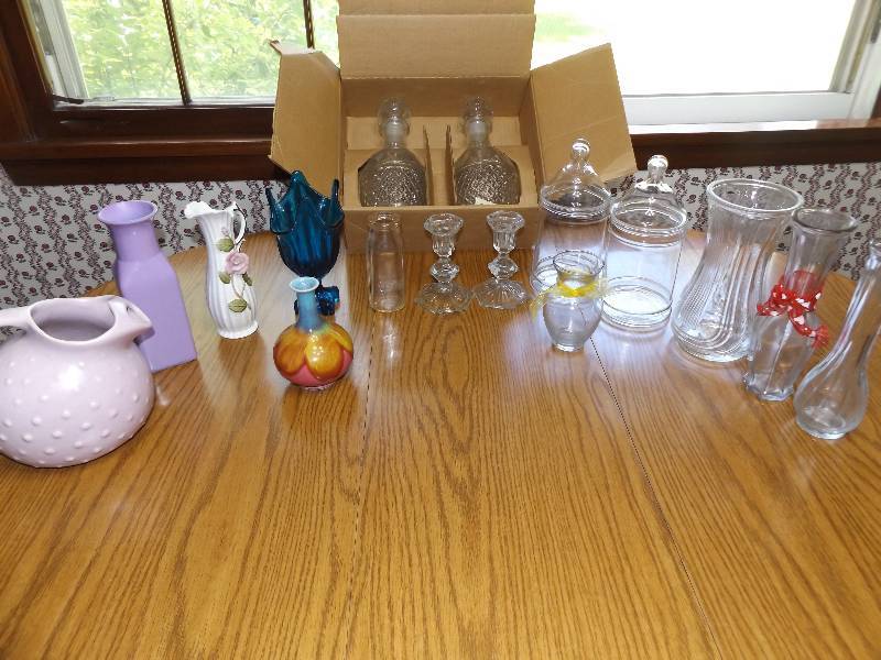 Viking blue vase, Princess House decanteurs, pair canisters, 7 vases, pitcher, milk bottle, candlebras.