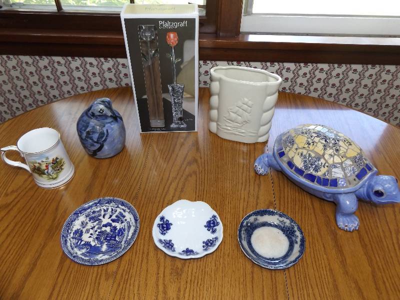 Pfaltzgraff vase, Abingdon ship vase, China mug, decorative turtle, 3 Flowblue plates.