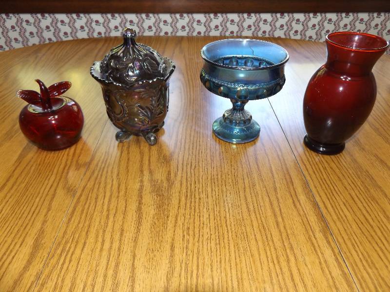 Red glass apple, Ruby Red vase, black & blue carnival glass.