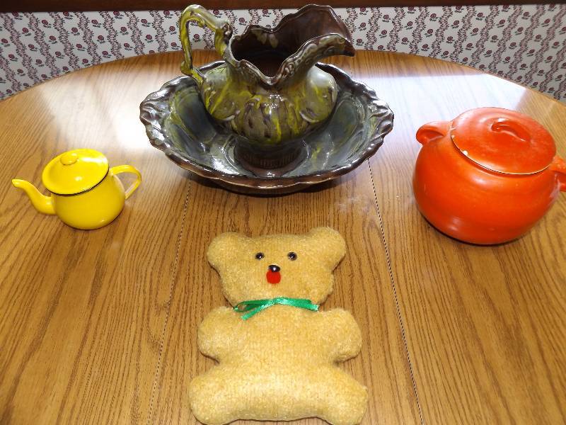 USA pitcher bowl set, orange USA cookie jar, Japan yellow teapot, Hug-a-Bear.