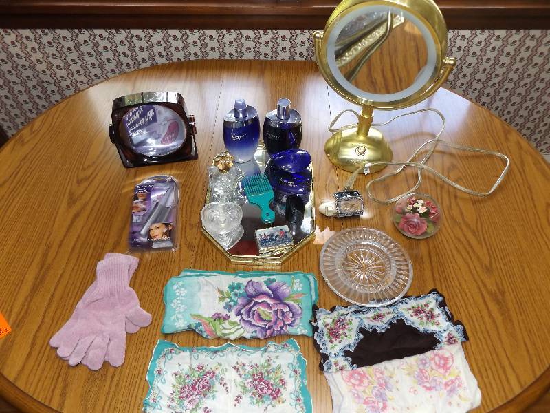 Vanity mirrors, mirrored tray with perfume bottles, handkerchiefs, misc.