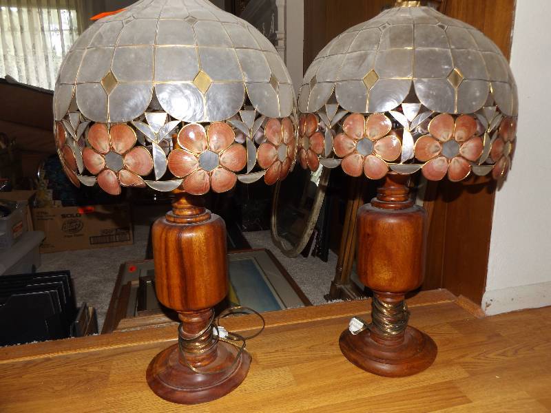Pair of lamps (monkey pod wood base, floral capiz shell top).