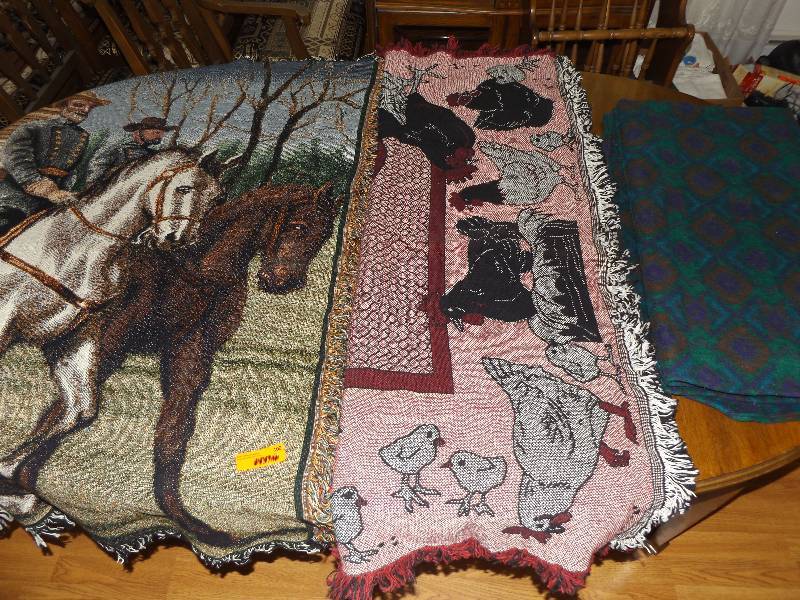 3 throw blankets ( horse, chicken, purplebrowngreen pattern).