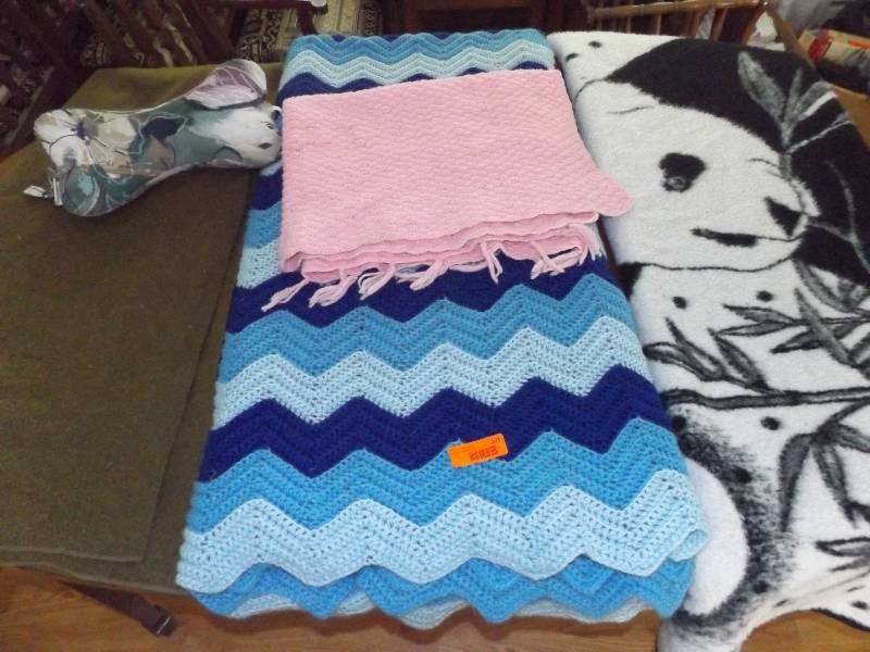 Military issue wool blanket, panda throw, afghans, pillow.