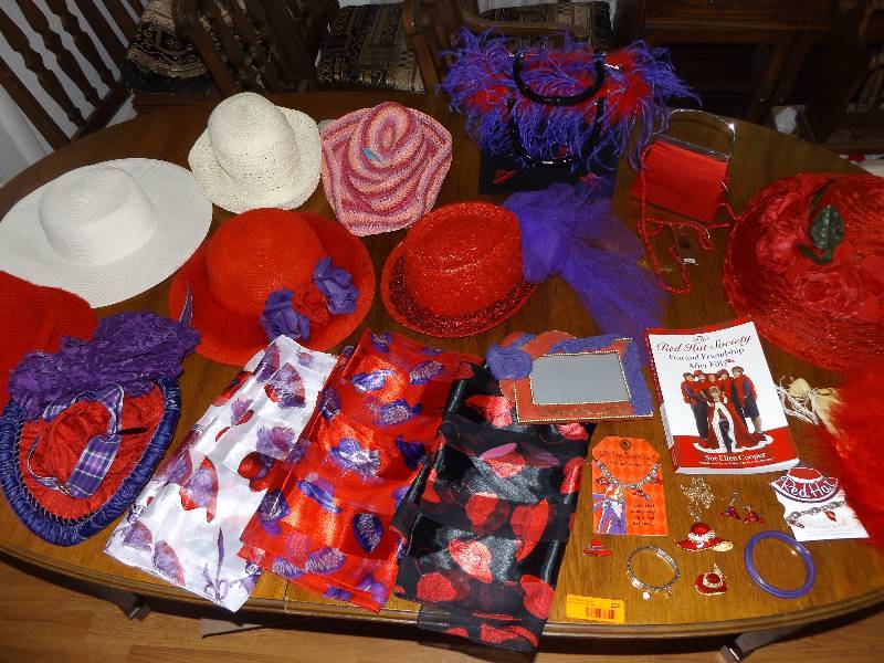 Red Hat Society items (2 purses, 8 hats, 3 scarves, misc).