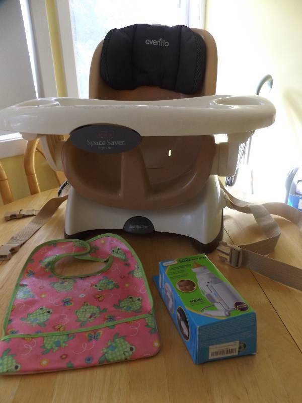 Space Saver high chair, bib, bottle warmer.