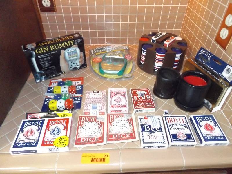 Poker chips, games, playing cards, dice.