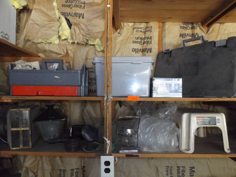 Plastic toolbox, storage totes, step stool, outdoor lights.
