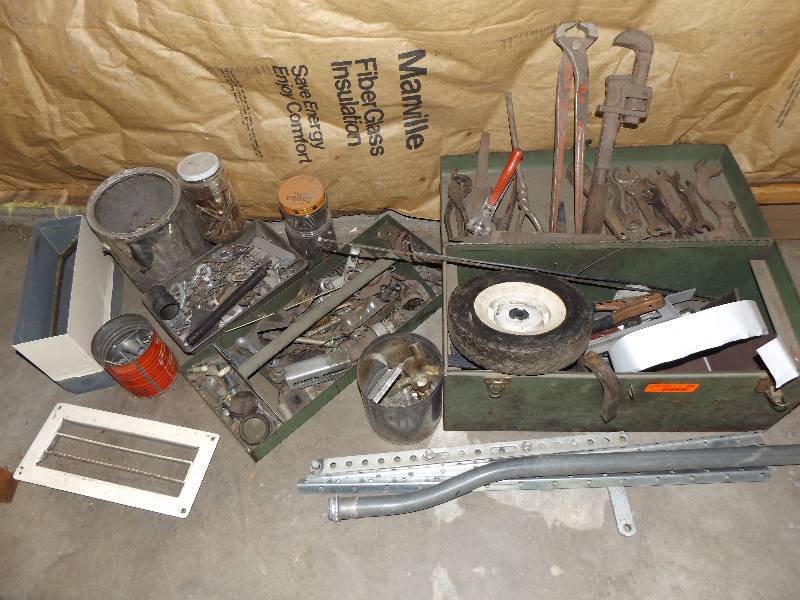 Toolbox with hardware and vintage tools.