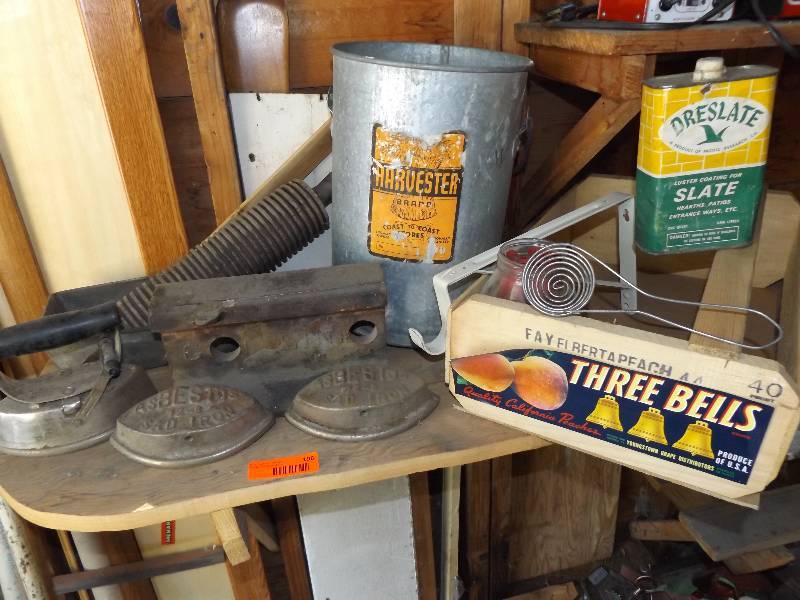 Sad irons, RR track piece, wood box, aluminum can.