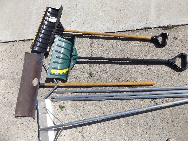 3 snow shovels, roof rake