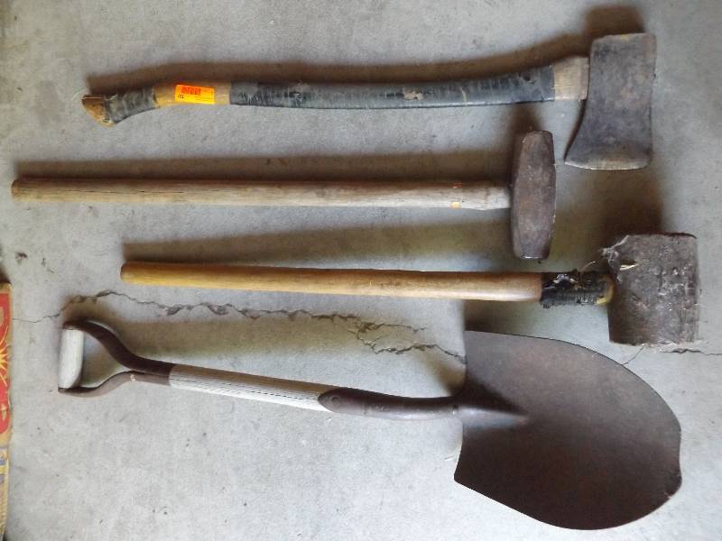 shovel, 2 sledgehammers, axe