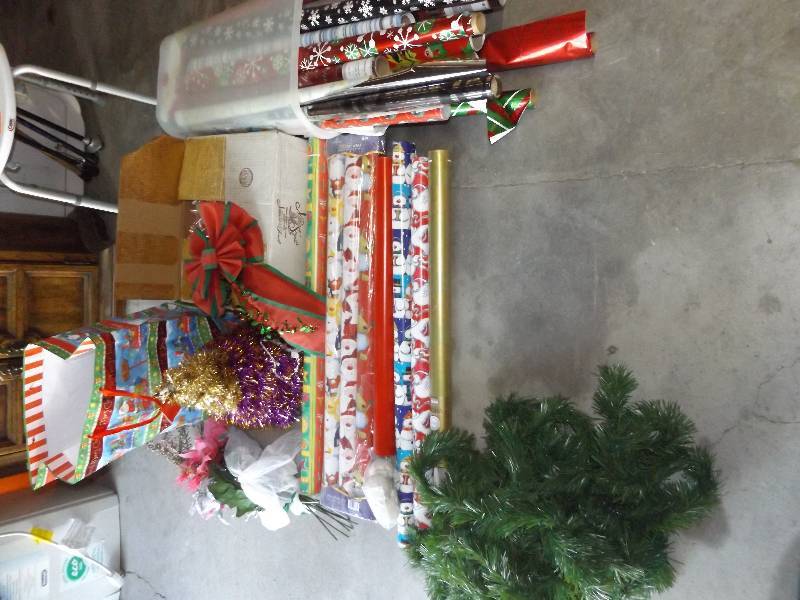 Christmas wrapping paper, bows, decorations.