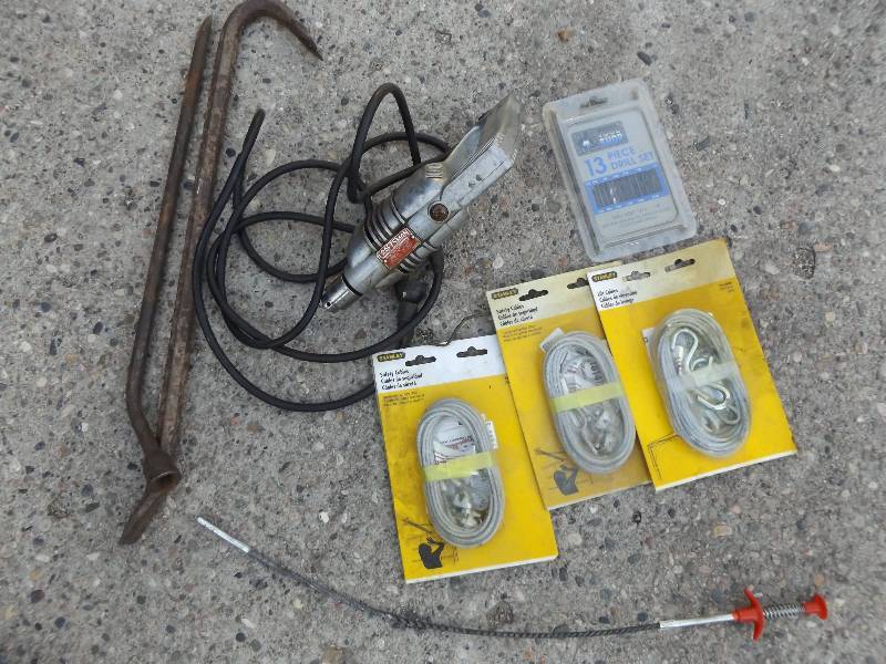 Craftsman drill, drill bits, safety cables, tire irons