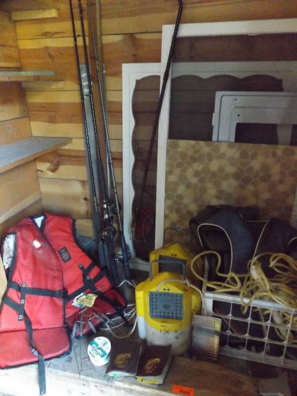 Life jackets, fishing rods, minnow buckets