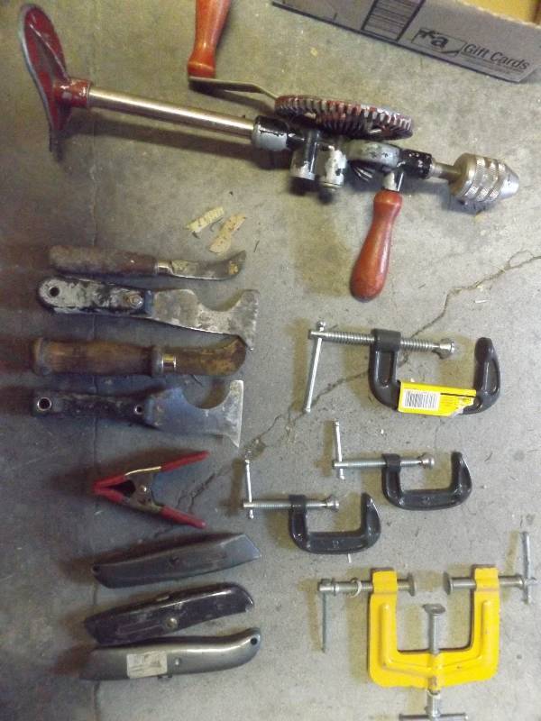 Manual drill, c-clamps, scrapers, utility knives