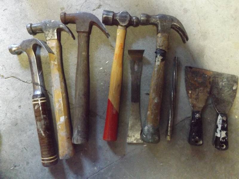 Hammers, scrapers, mini prybar, drill bit