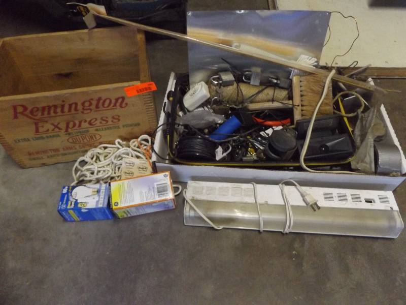 Remington ammo box, under counter light, padlocks, variety of hardware