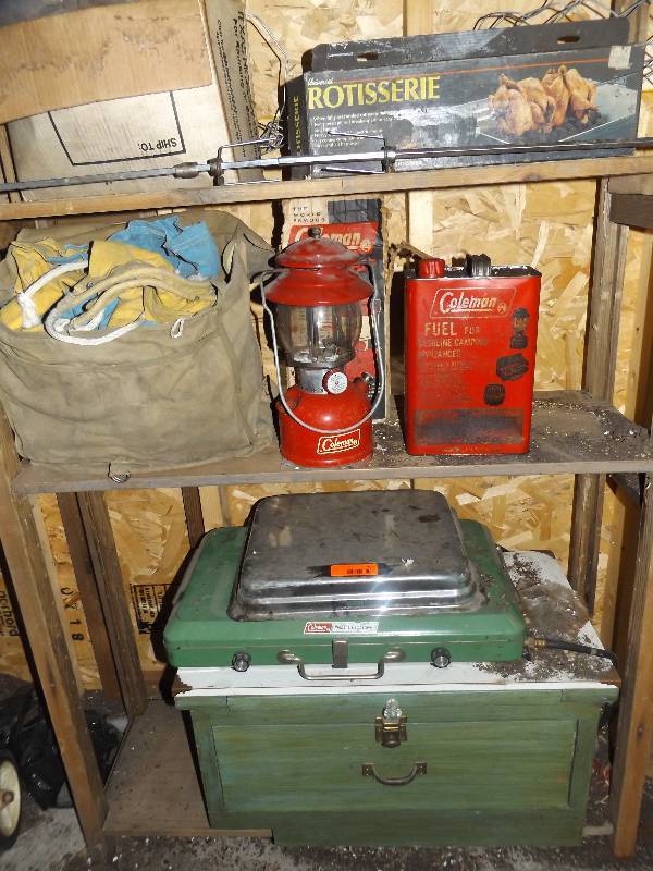 Campstove with base cabinet, lantern, lantern fuel, tent canopy , rotisserie