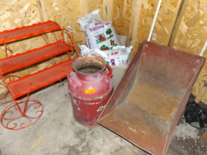 Potting soil, yard cart, cream can, plant stand
