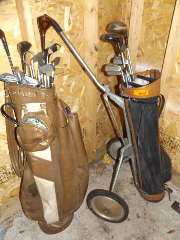 2 golf bags with clubs and a bag carrier