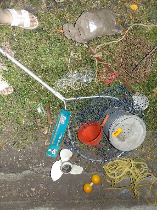 Vintage minnow bucket, net, propeller, fish stringers
