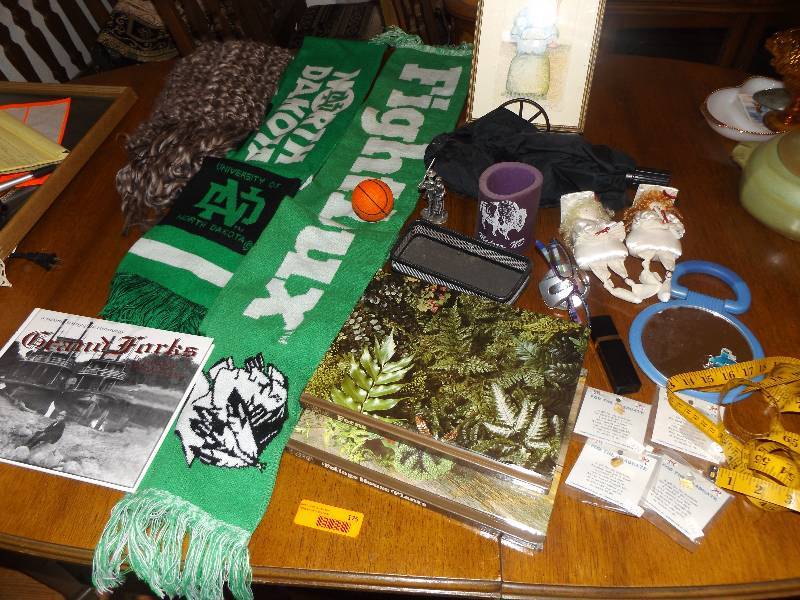 UND scarves, North Dakota book, umbrella, misc.