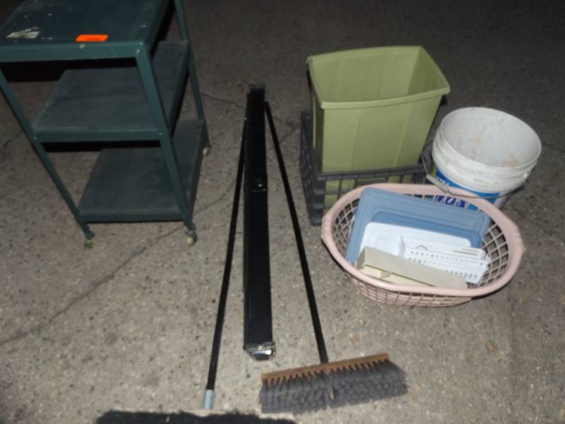 Cart, garbage can, laundry basket, 2 brooms, projector screen.