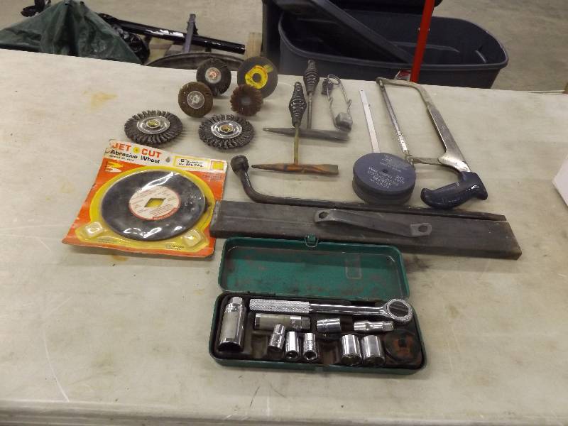 Socket Wrench and Sockets, Saw Wheel, Abrasive Wheels, Ax with Metal Handle, Flint