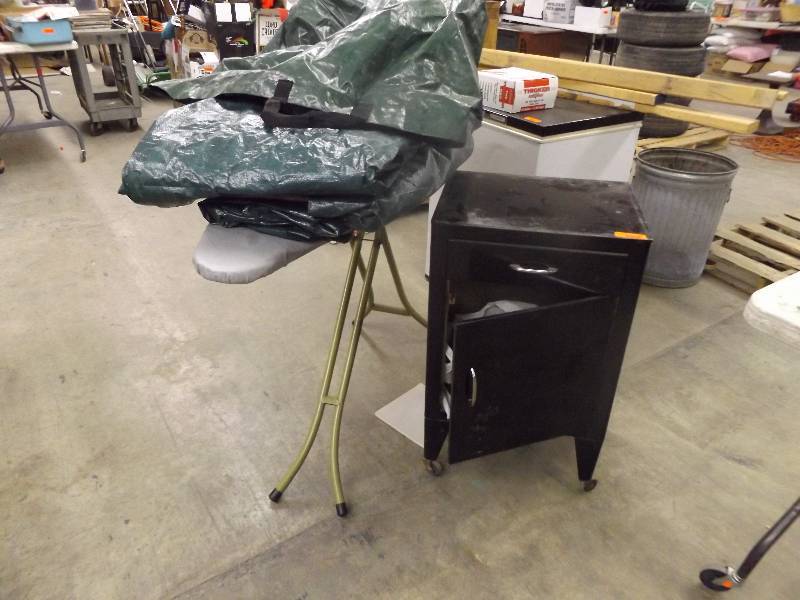 Ironing Board, Rolling Metal Cabinet, 3 Dark Green Tarps and Tarp Bag