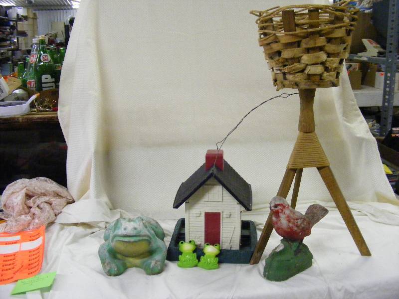 Wicker Standing Planter, Ceramic Frog and Bird, Bird Feeder, 2 Small Frogs
