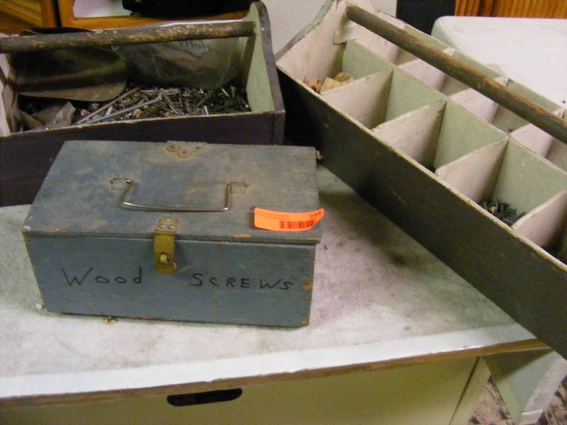 Wood Tool Box, Wood Screw Box, Assortment of Screws, Nails and Peg Board Hooks