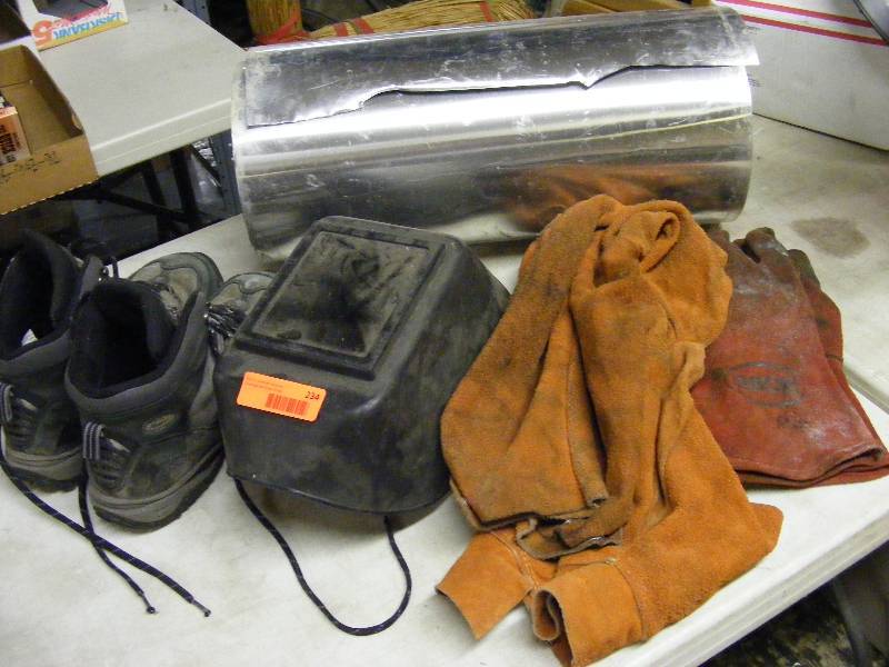 Welding Gear including Helmet, Gloves, Jacket, Pair of Mens North Face Shoes size 11.5, Rolled Metal