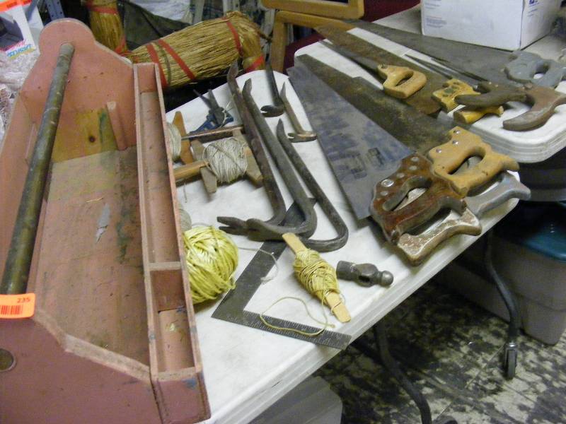 Red Wood Tool Box, Saws, Wrecking Bars, Twine