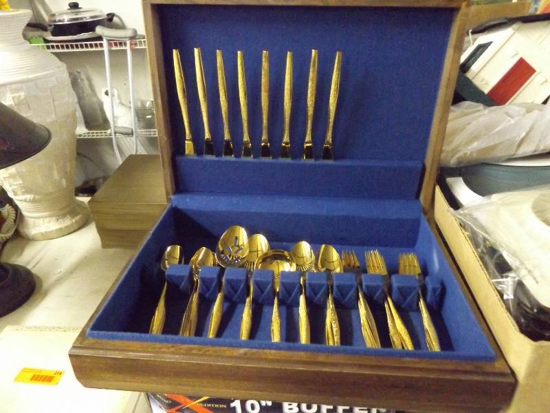 Set of Gold Colored Silverware in Box